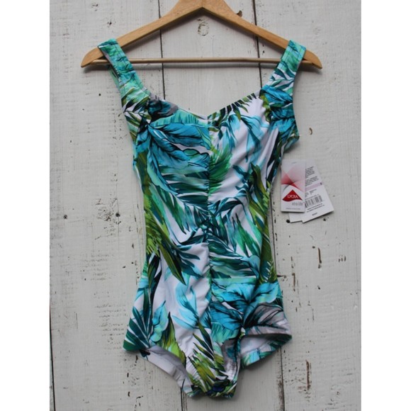 Maxine of Hollywood Green/Blue Palm Beach Leaves One-Piece Swimsuit Women S 6 - Picture 5 of 7